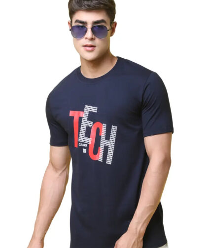Reliable Navy Blue Cotton Blend Printed Round Neck Tees For Men