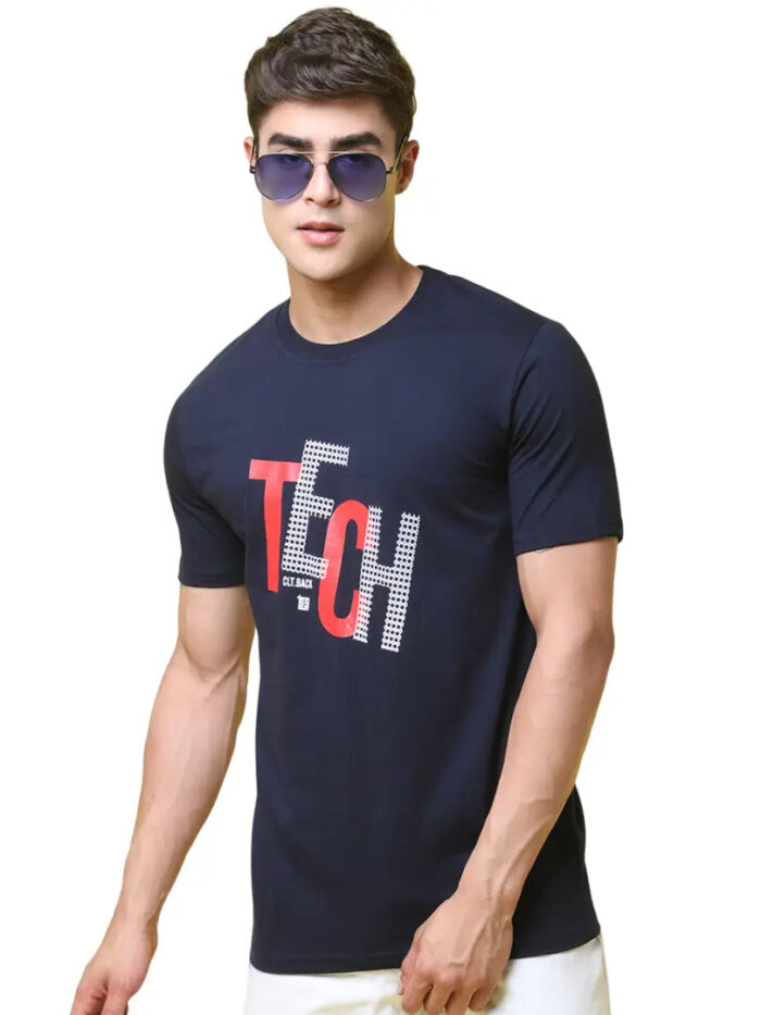 Reliable Navy Blue Cotton Blend Printed Round Neck Tees For Men