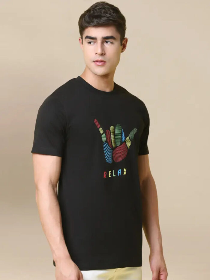 71bc3a00-565e-49a5-930d-a66df5c9ddb3_6427506-originnm80prcnt Reliable Black Cotton Blend Printed Round Neck Tees For Men