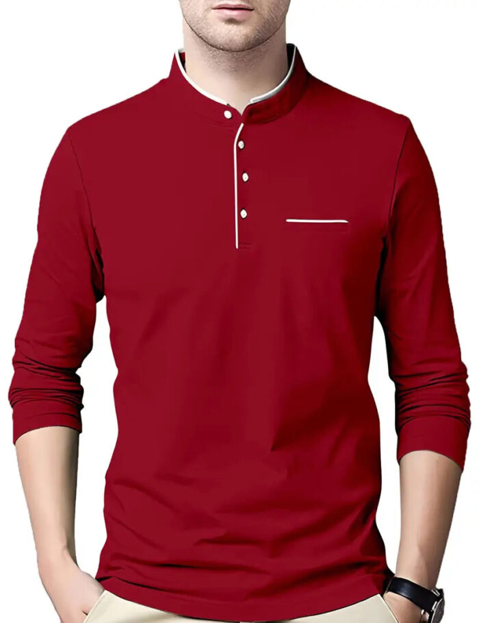 AUSK Men's Cotton Henley Neck Full Sleeve Solid Regular Fit T-Shirt (Medium; Red)