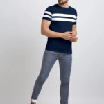 AUSK Men's Regular Round Neck Half Sleeves T-Shirts (Color:Navy Blue & White-Size:Large)