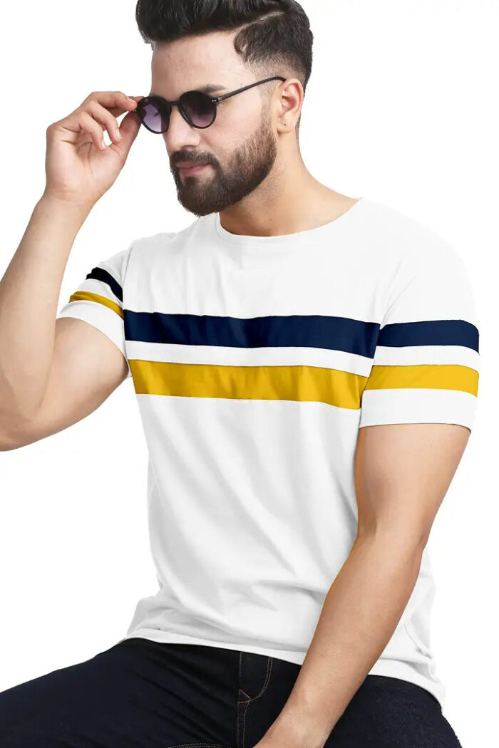 AUSK Men's Regular Round Neck Half Sleeves T-Shirts (Color:White & Black & Yellow-Size:Large)
