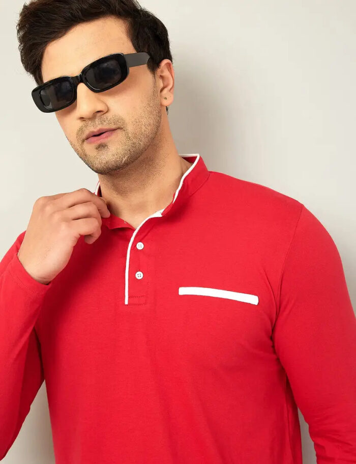 AUSK Men's Cotton Henley Neck Full Sleeve Solid Regular Fit T-Shirt (Medium; Red)