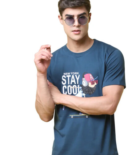 Reliable Navy Blue Cotton Blend Printed Round Neck Tees For Men