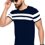 AUSK Men's Regular Round Neck Half Sleeves T-Shirts (Color:Navy Blue & White-Size:Large)