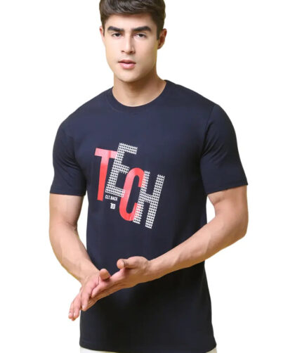Reliable Navy Blue Cotton Blend Printed Round Neck Tees For Men