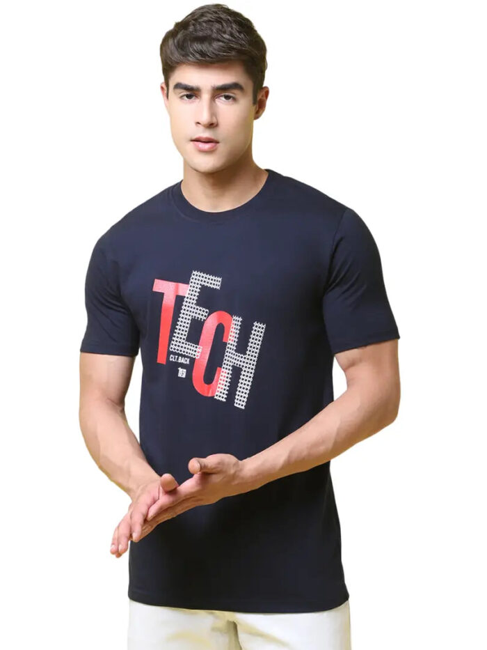 Reliable Navy Blue Cotton Blend Printed Round Neck Tees For Men
