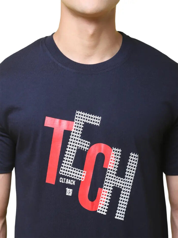 Reliable Navy Blue Cotton Blend Printed Round Neck Tees For Men