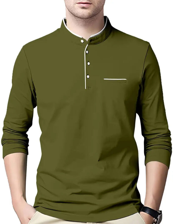 AUSK Men's Cotton Henley Neck Full Sleeve Solid Regular Fit T-Shirt (Medium; DarkGreen)