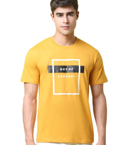 Reliable Yellow Cotton Blend Printed Round Neck Tees For Men