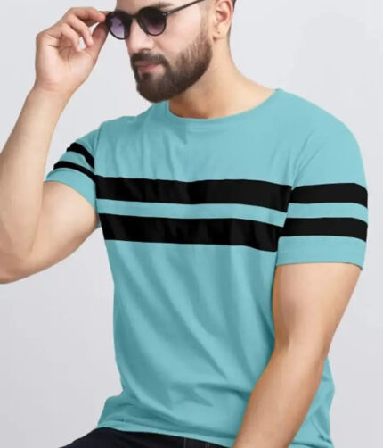 Stylish Blue Cotton Blend Solid Round Neck Tees For Men