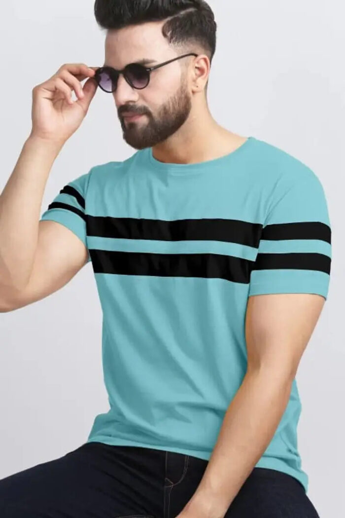 Stylish Blue Cotton Blend Solid Round Neck Tees For Men