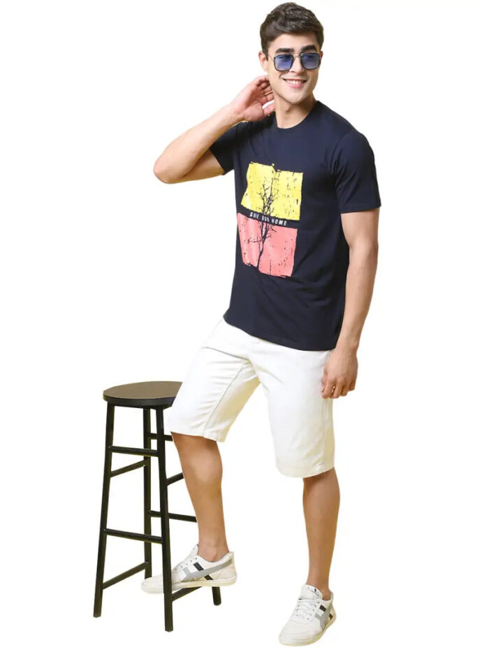 Reliable Blue Cotton Blend Printed Round Neck Tees For Men