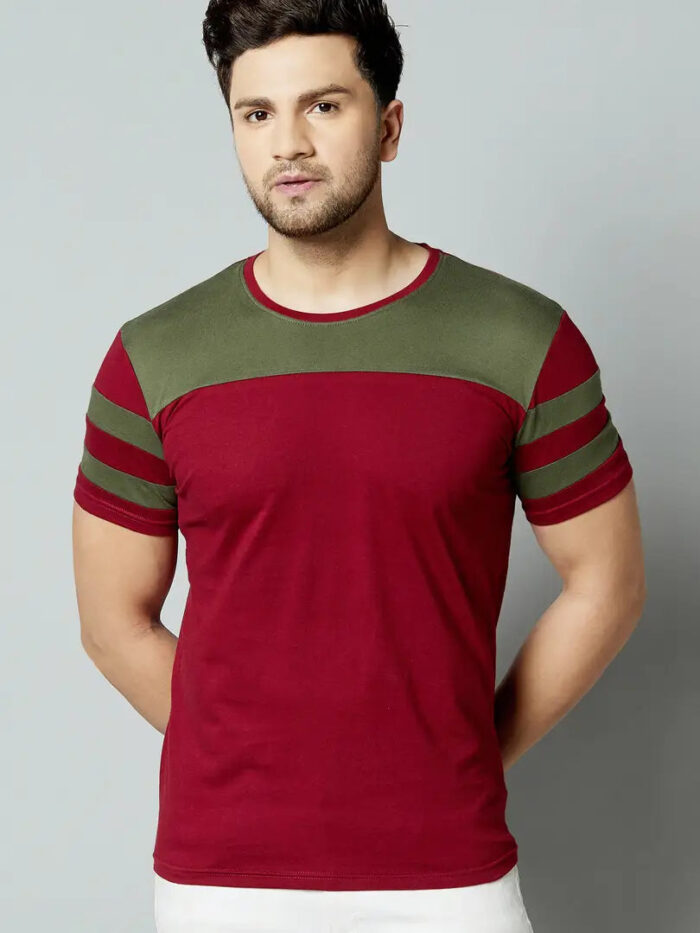 Men Cotton Blend Colourblocked Round Neck Tees