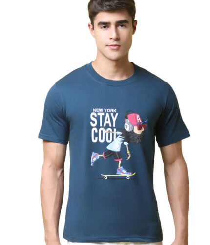 Reliable Navy Blue Cotton Blend Printed Round Neck Tees For Men
