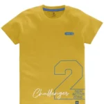 a yellow shirt with blue text
