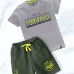 a grey shirt and shorts