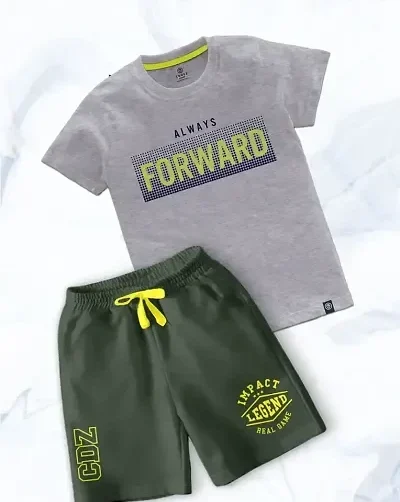 a grey shirt and shorts