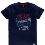 a blue t-shirt with red white and blue text