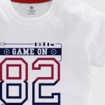 a white t-shirt with red and blue text