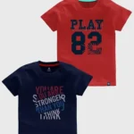 a red and blue t-shirts with words