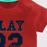 a red shirt with blue text