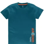 a blue shirt with white text