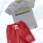 a grey shirt and red shorts