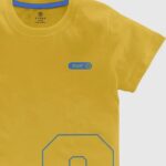 a yellow shirt with blue text