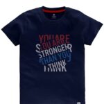 a blue shirt with red and white text