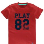 a red shirt with blue hard play 82 T shirt