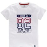 a white t-shirt with red and blue text