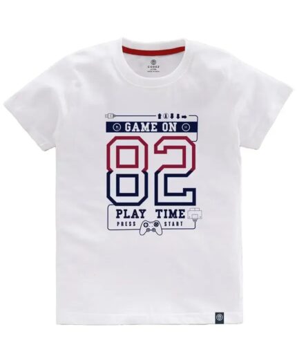a white t-shirt with red and blue text