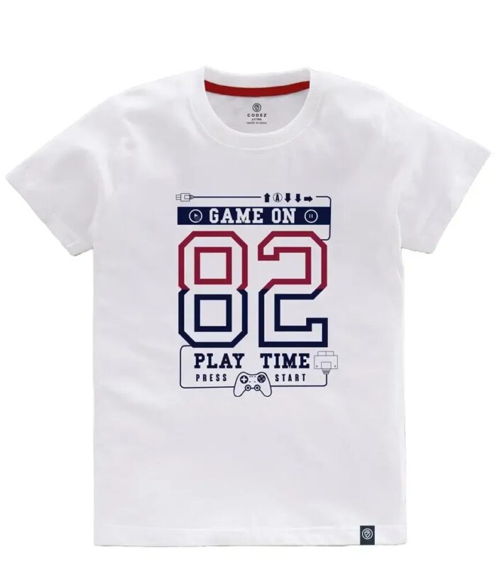 a white t-shirt with red and blue text