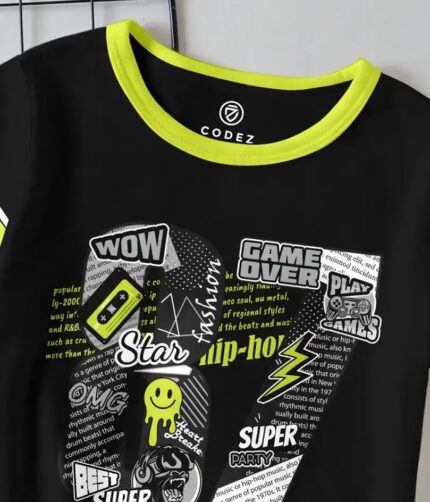 a black and yellow shirt with text on it