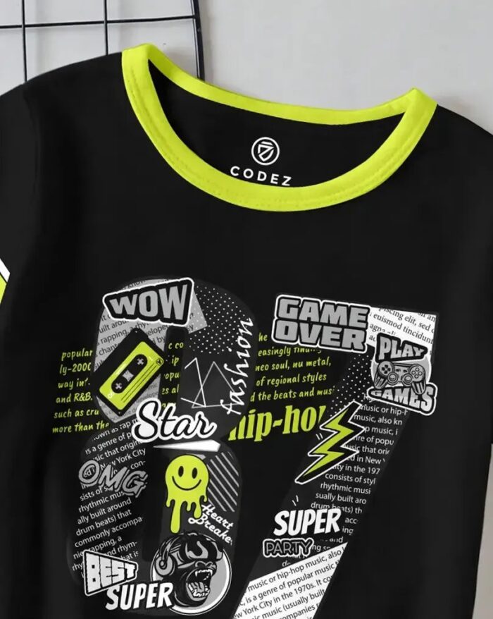 a black and yellow shirt with text on it